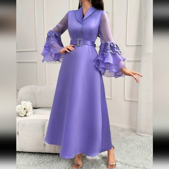 Shawl Collar Contrast Mesh With Belt Long Flounce Sleeve Arabian Modest Dress - Picture 4 of 5